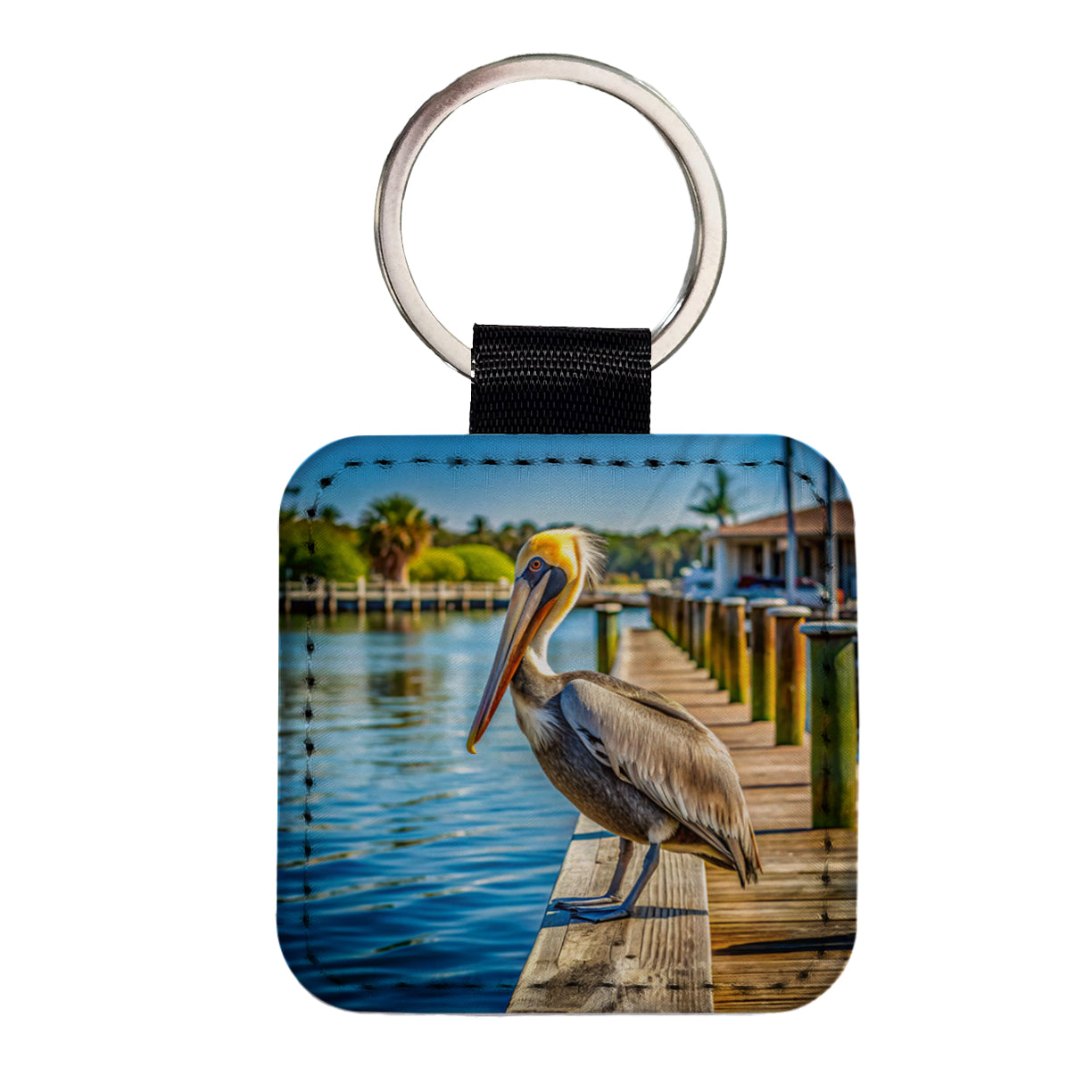 Pelican On Dock Square Faux Leather Keychain