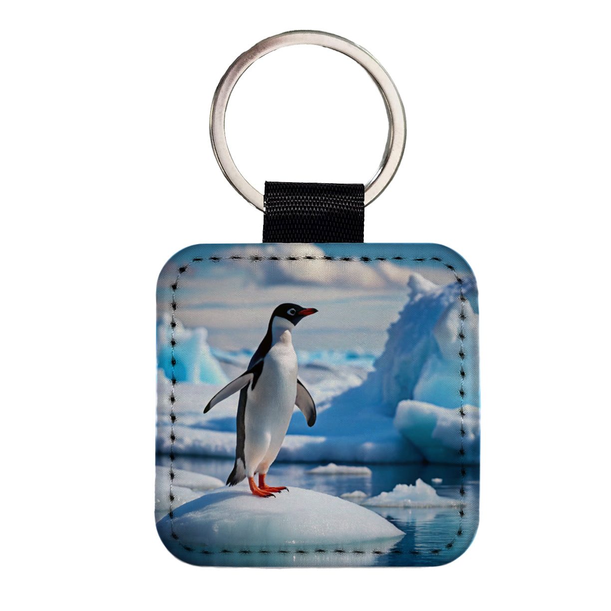 Penguin On Ice Flow Square Faux Leather Keychain
