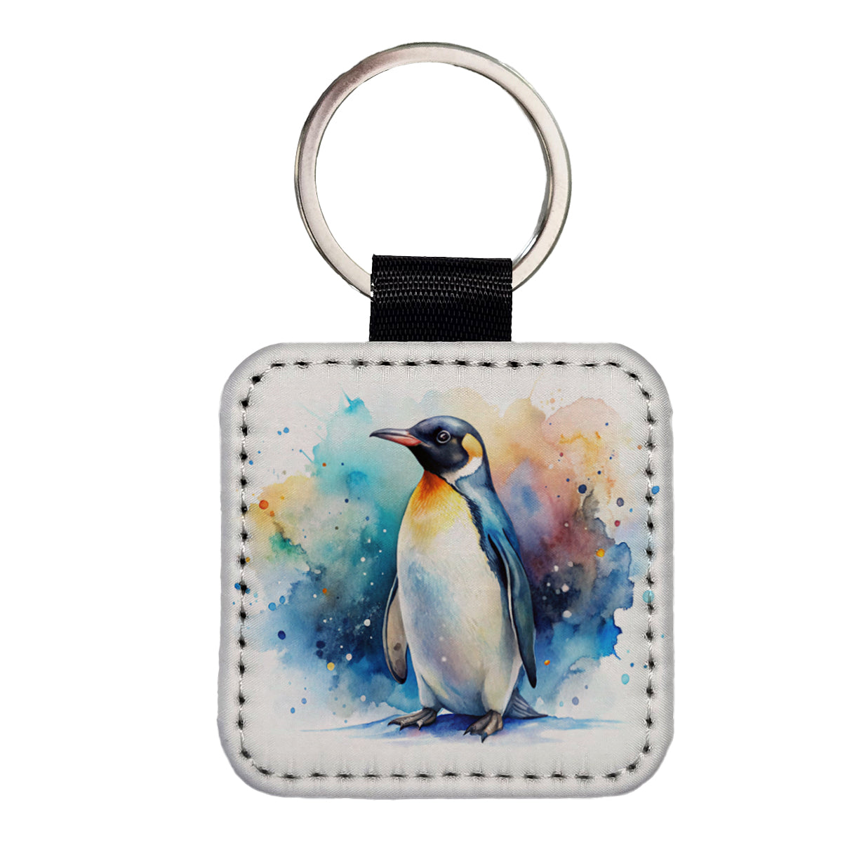 Penguin Watercolor Square Faux Leather Keychain