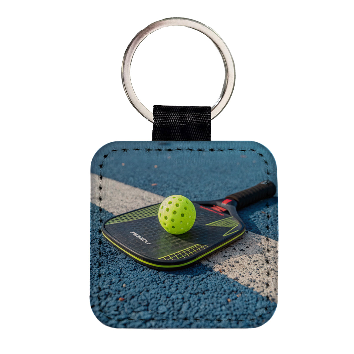 Pickleball Paddle and Ball on Court Square Faux Leather Keychain
