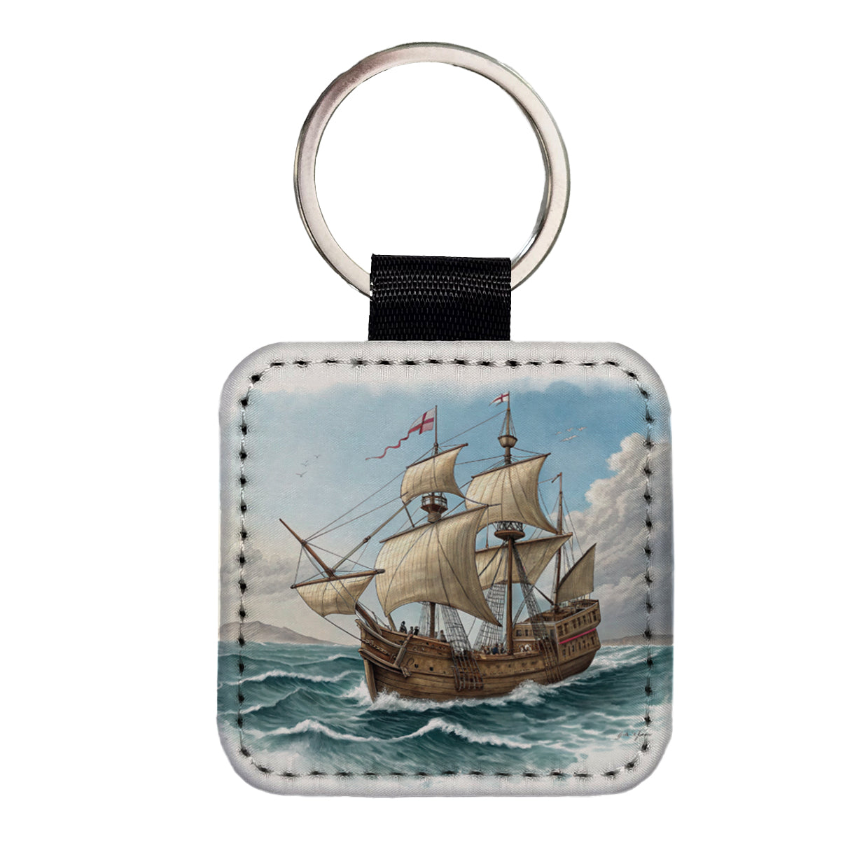 Pilgrim Mayflower 1620 Voyage Square Faux Leather Keychain