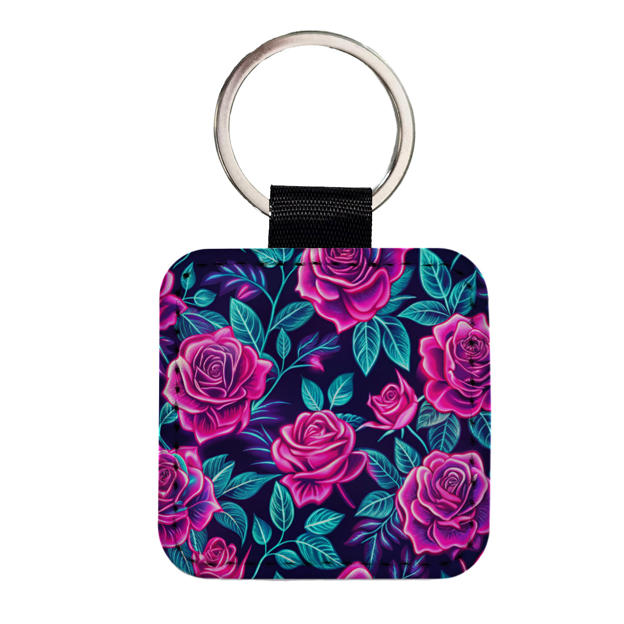 Pink Neon Rose Floral Pattern Square Faux Leather Keychain