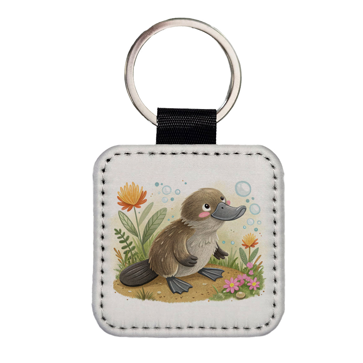 Platypus Children's Illustration Style Square Faux Leather Keychain