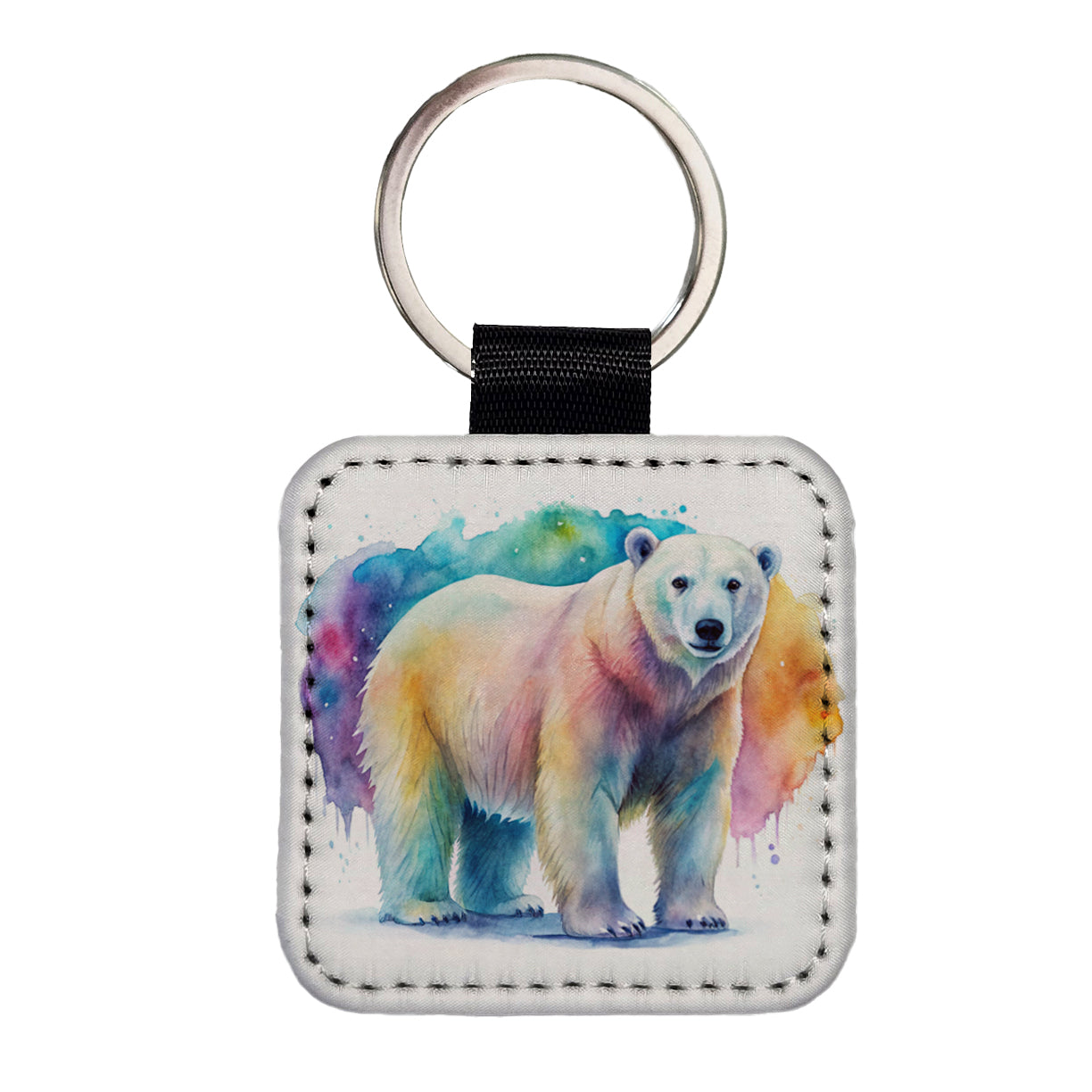 Polar Bear Watercolor Square Faux Leather Keychain