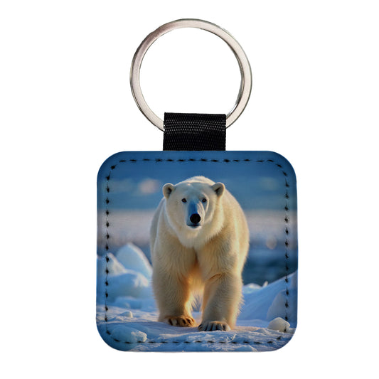 Polar Bear Square Faux Leather Keychain