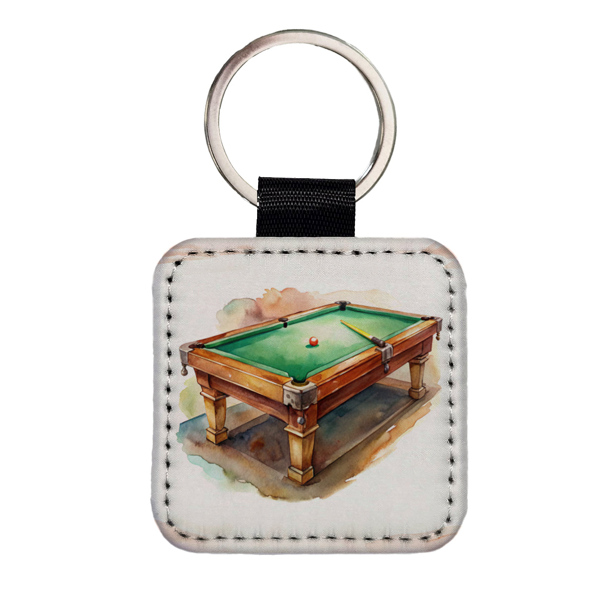 Pool Billiards Table Watercolor Square Faux Leather Keychain