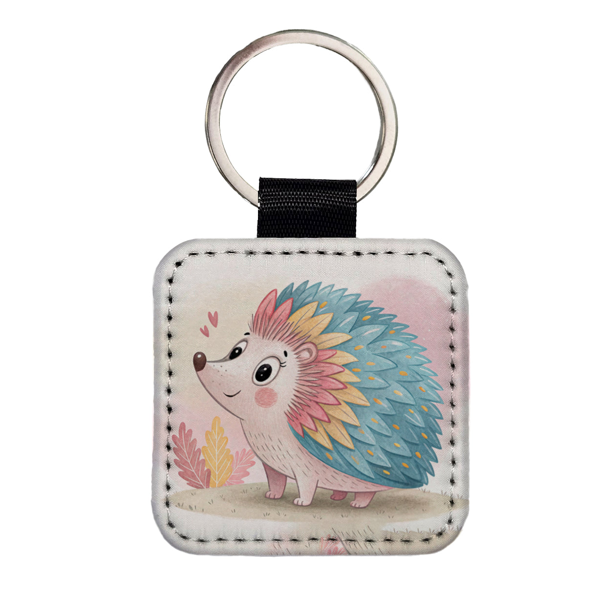 Porcupine Children's Illustration Style Square Faux Leather Keychain