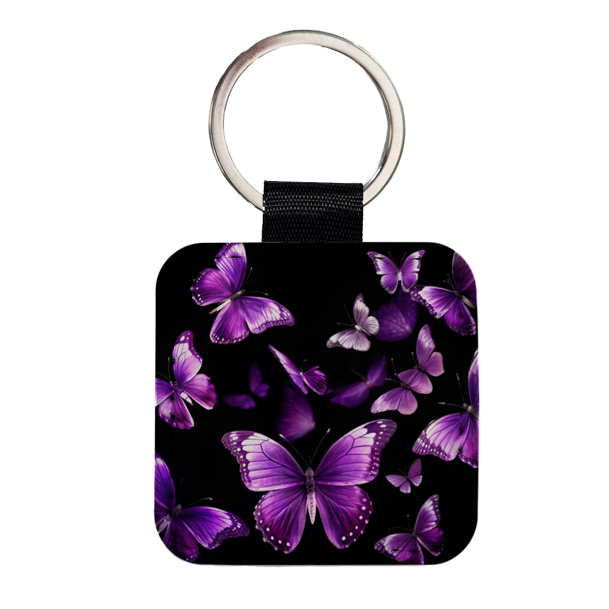 Purple Butterflies Flying Square Faux Leather Keychain
