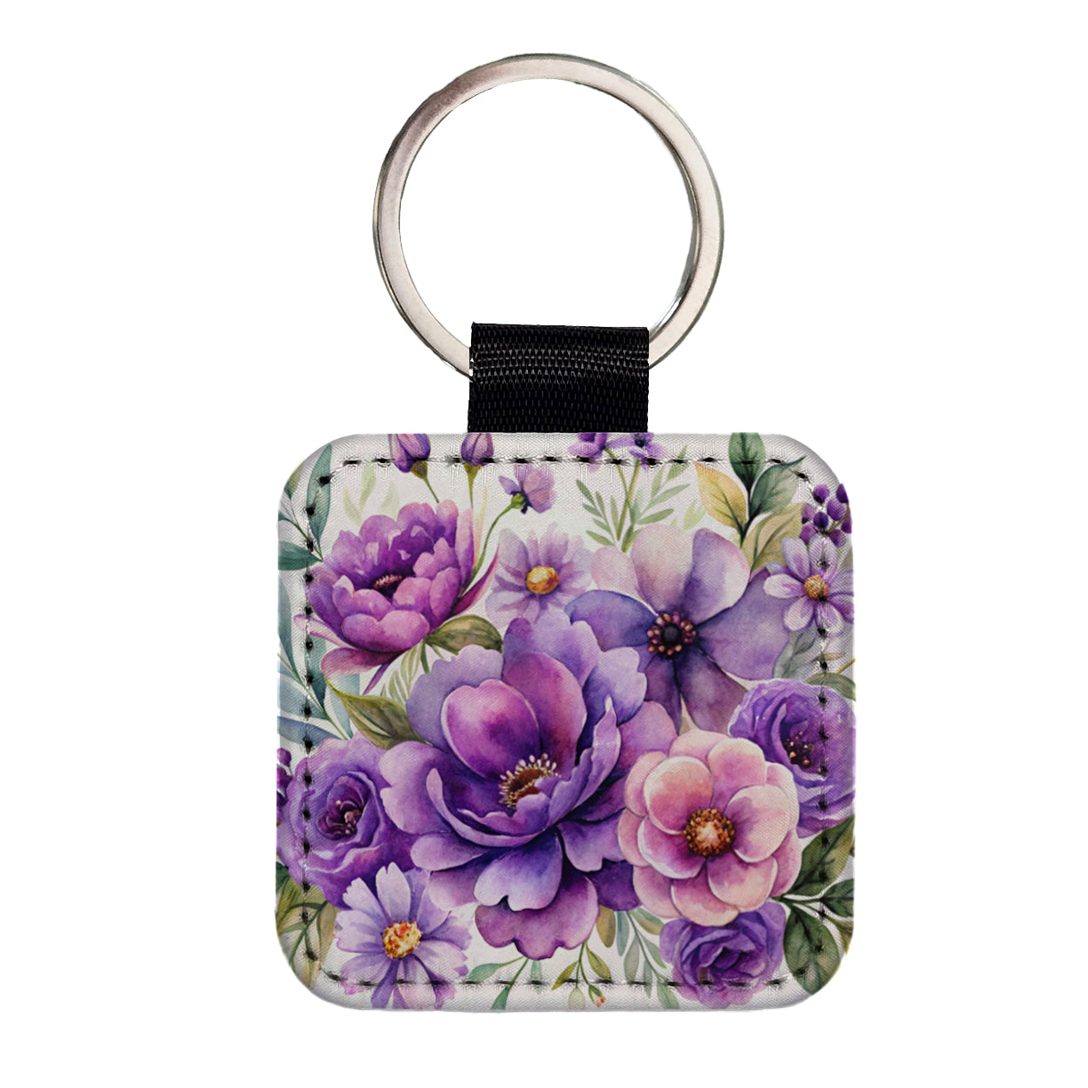 Purple Watercolor Flowers Square Faux Leather Keychain