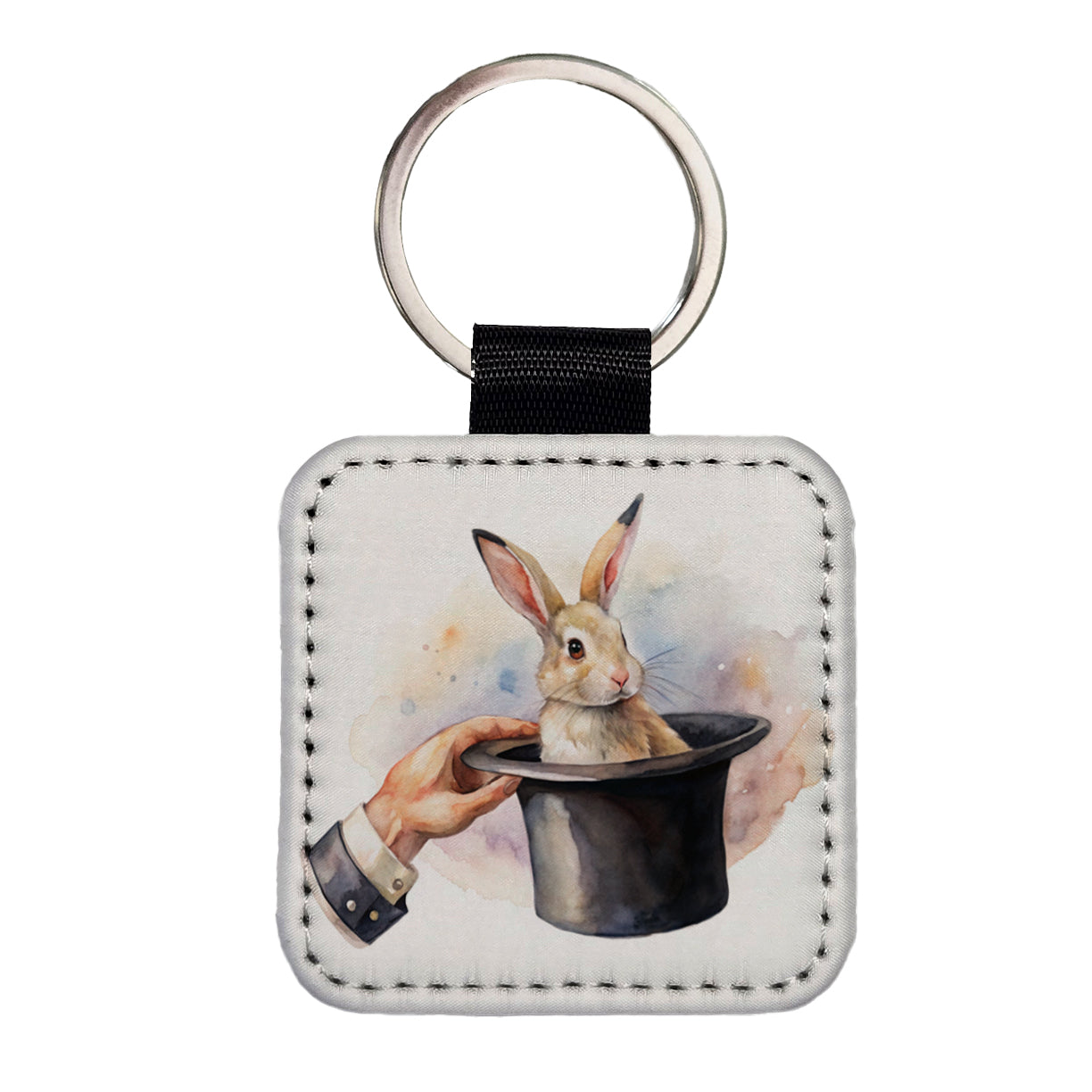 Rabbit Being Pulled Out Of A Magician's Hat Square Faux Leather Keychain