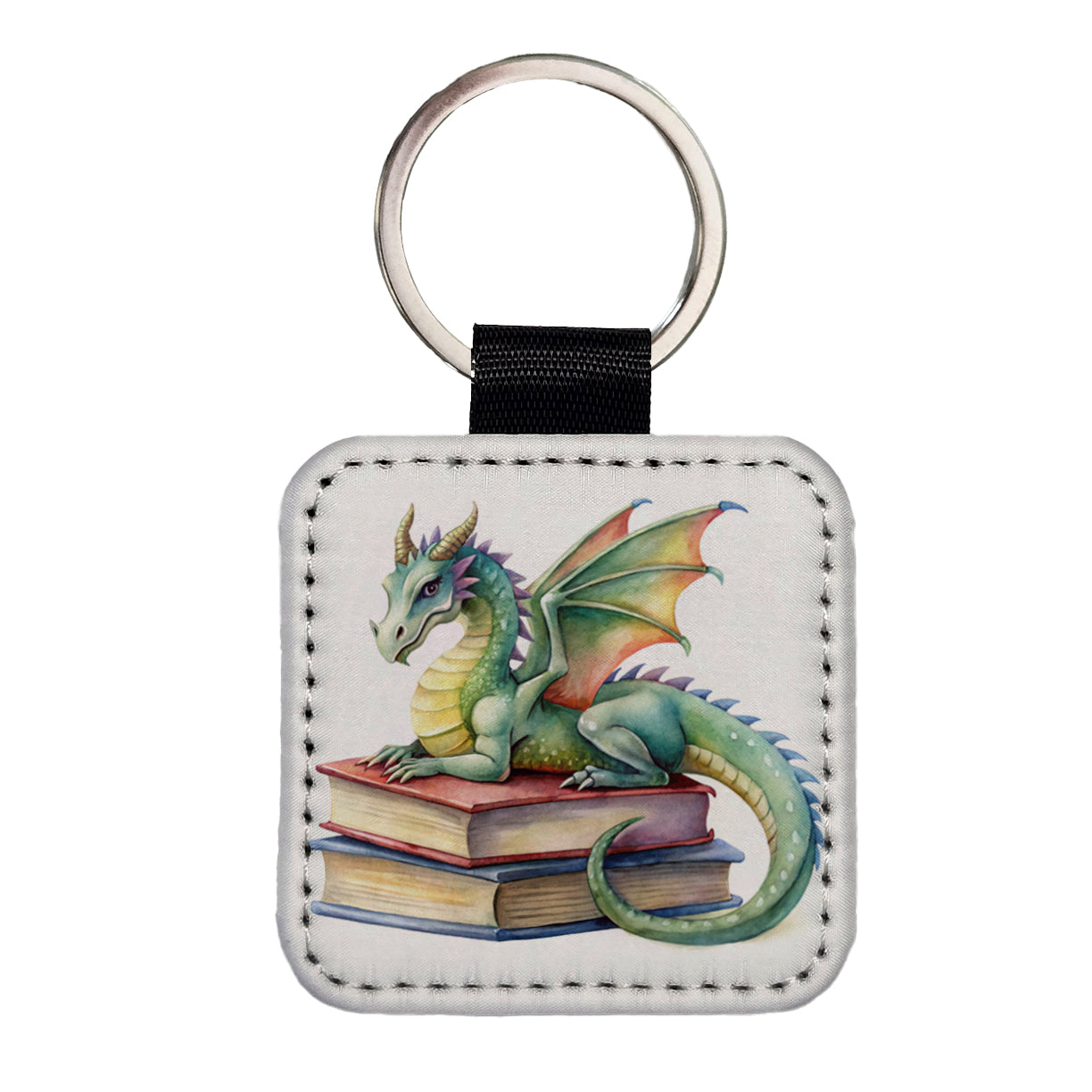 Reading Dragon Laying On Top Books Watercolor Square Faux Leather Keychain