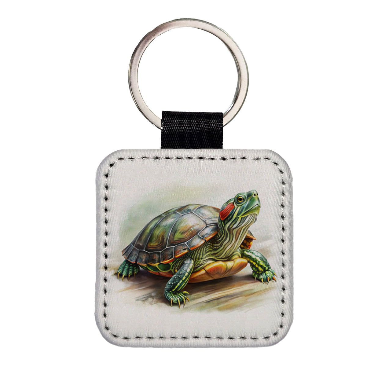 Red Eared Slider Turtle Watercolor Square Faux Leather Keychain