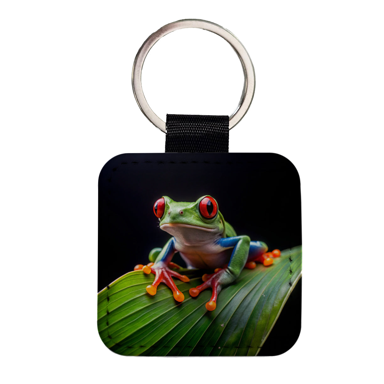 Red Eyed Tree Frog On Leaf Square Faux Leather Keychain