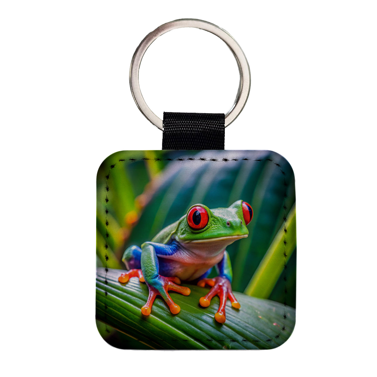 Red Eyed Tree Frog Square Faux Leather Keychain
