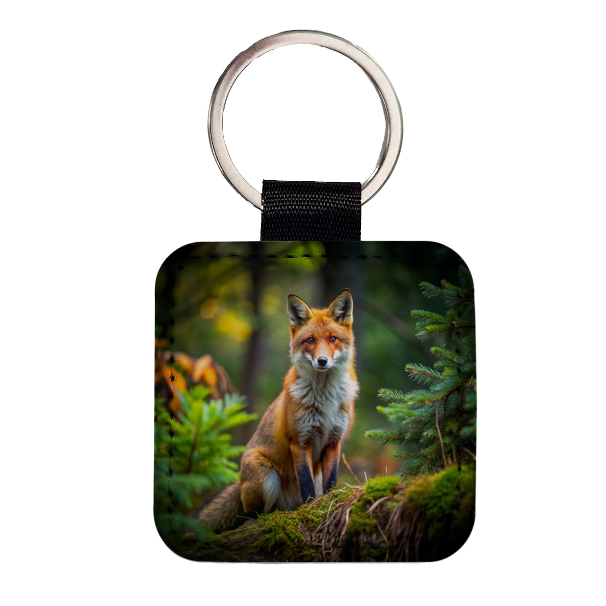 Red Fox In Forest Square Faux Leather Keychain