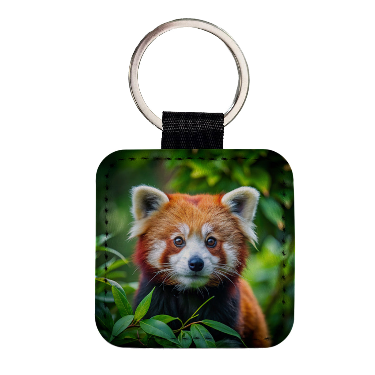 Red Panda Square Faux Leather Keychain
