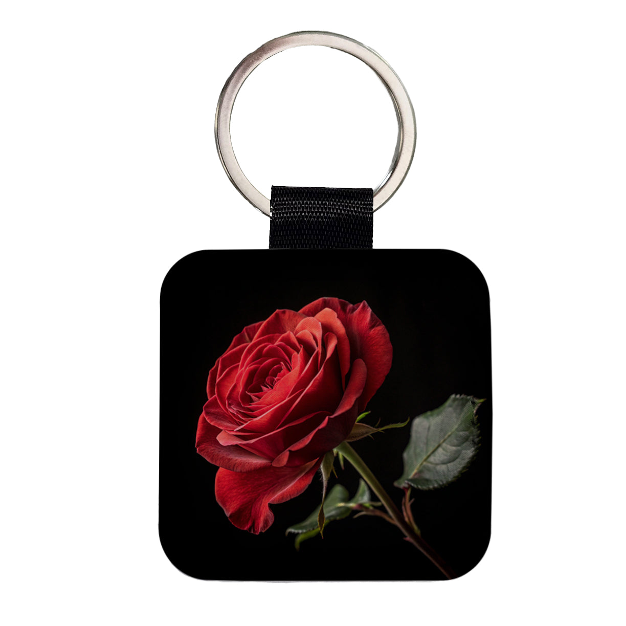 Red Rose On Black Background Square Faux Leather Keychain