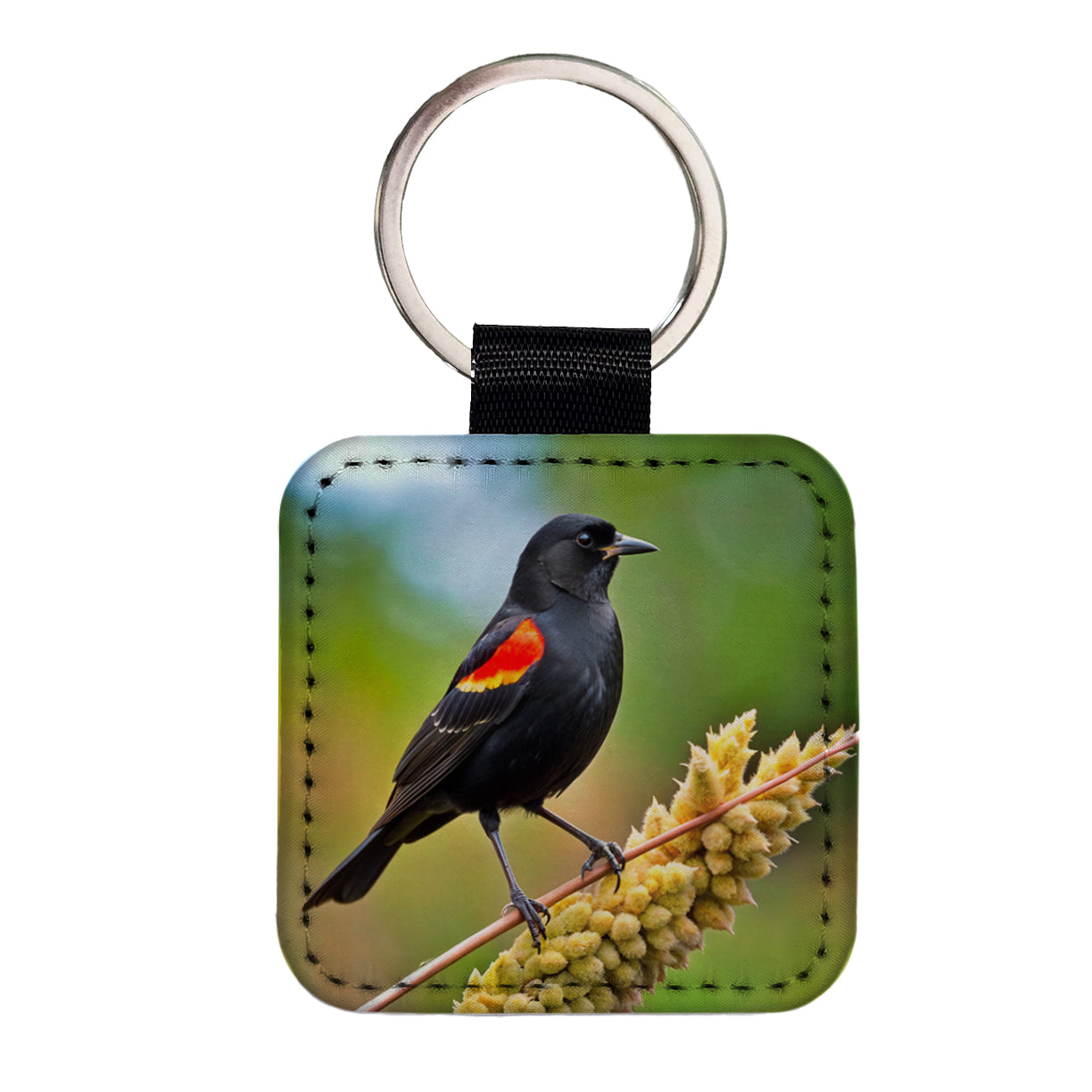 Red Winged Blackbird Backyard Bird Square Faux Leather Keychain