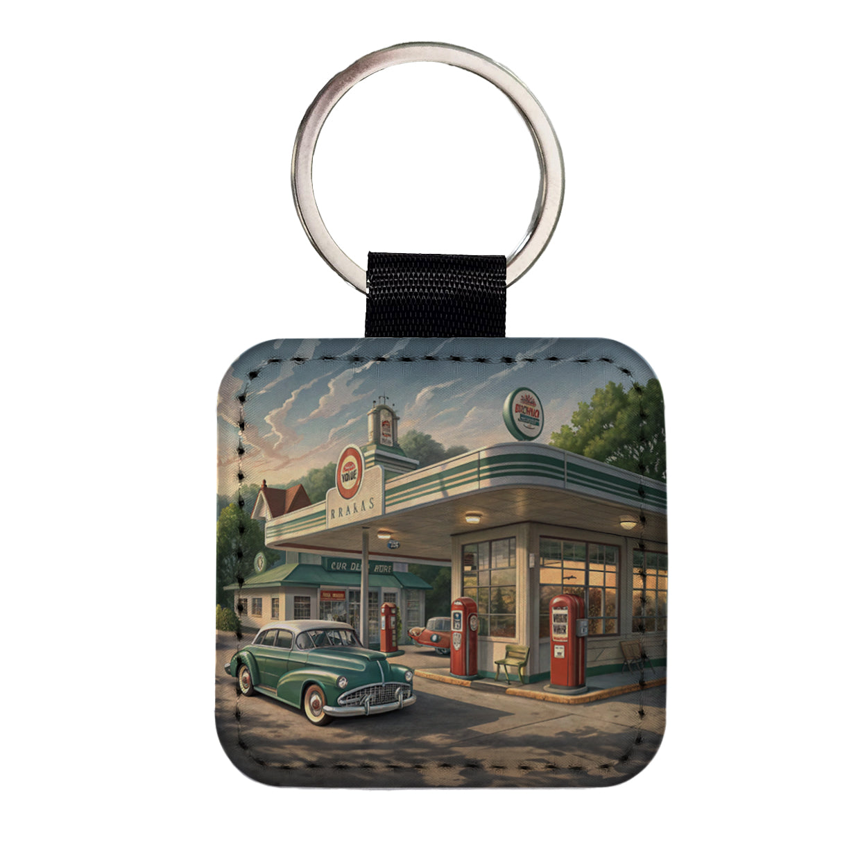 Retro Americana 1950's Main Street Gas Station Square Faux Leather Keychain