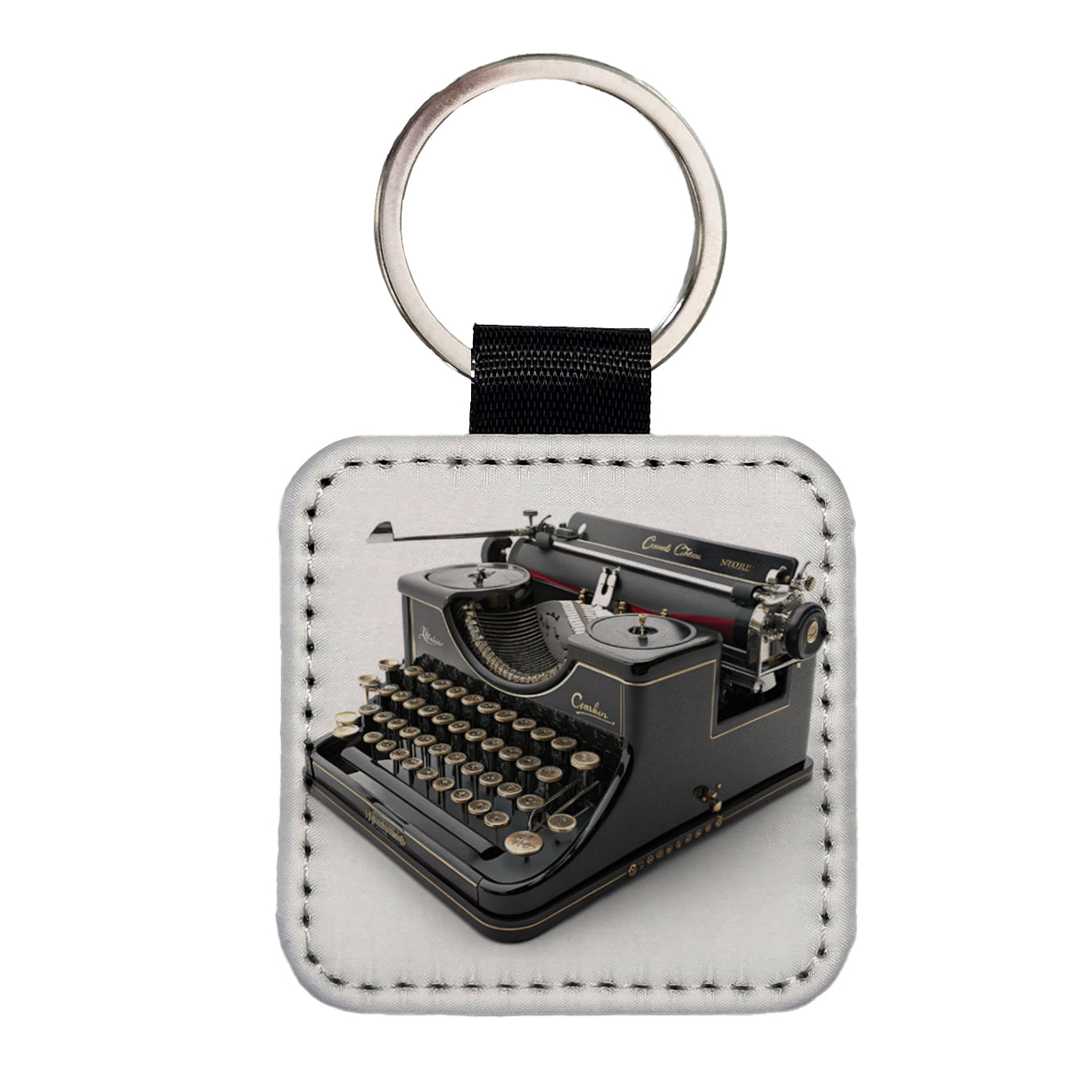 Retro Classic Black Typewriter Square Faux Leather Keychain