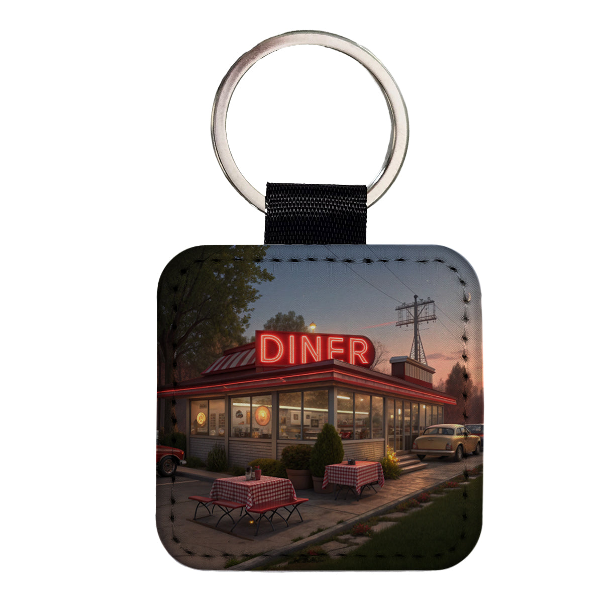 Retro Classic Roadside Dinner With Neon Sign Square Faux Leather Keychain