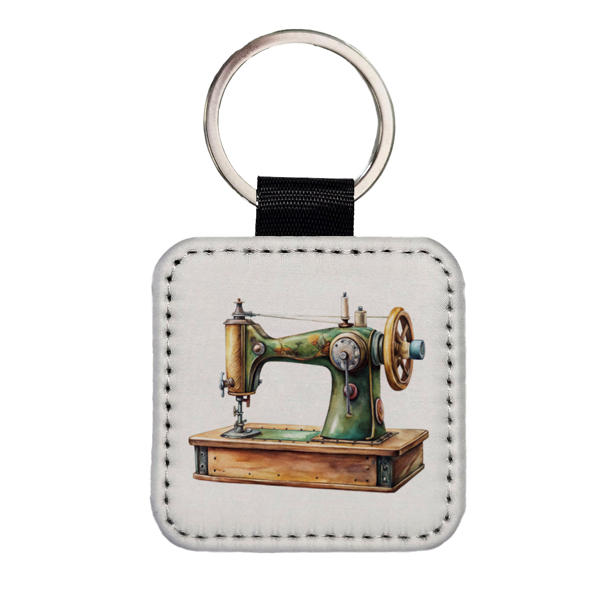 Retro Classic Sewing Machine Watercolor Square Faux Leather Keychain