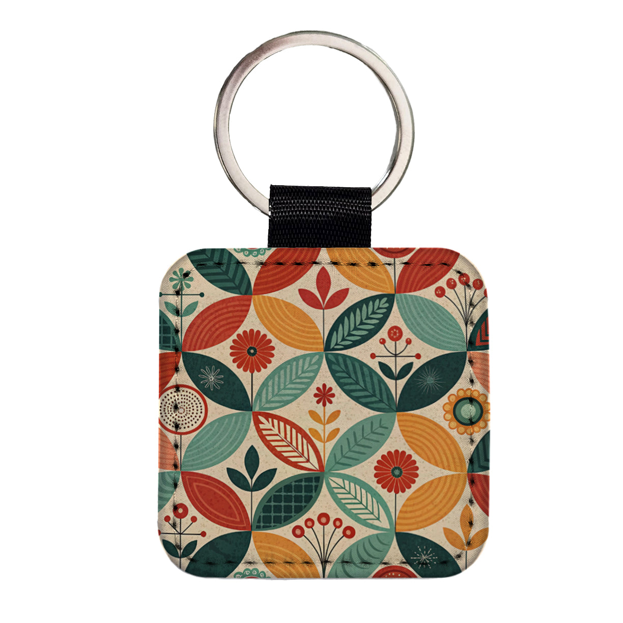 Retro Mid-Century Leaf Pattern Square Faux Leather Keychain