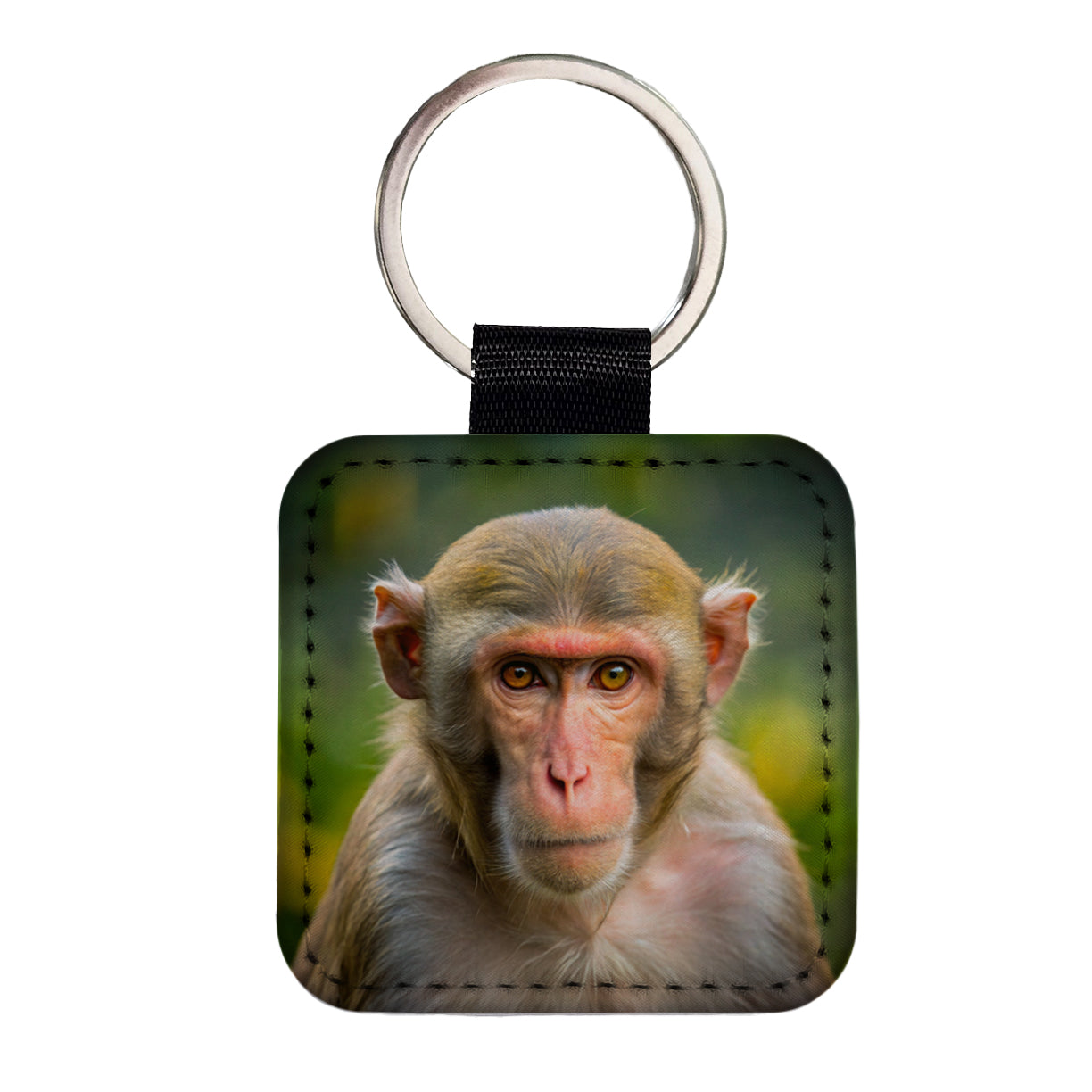 Rhesus Macaque Monkey Square Faux Leather Keychain