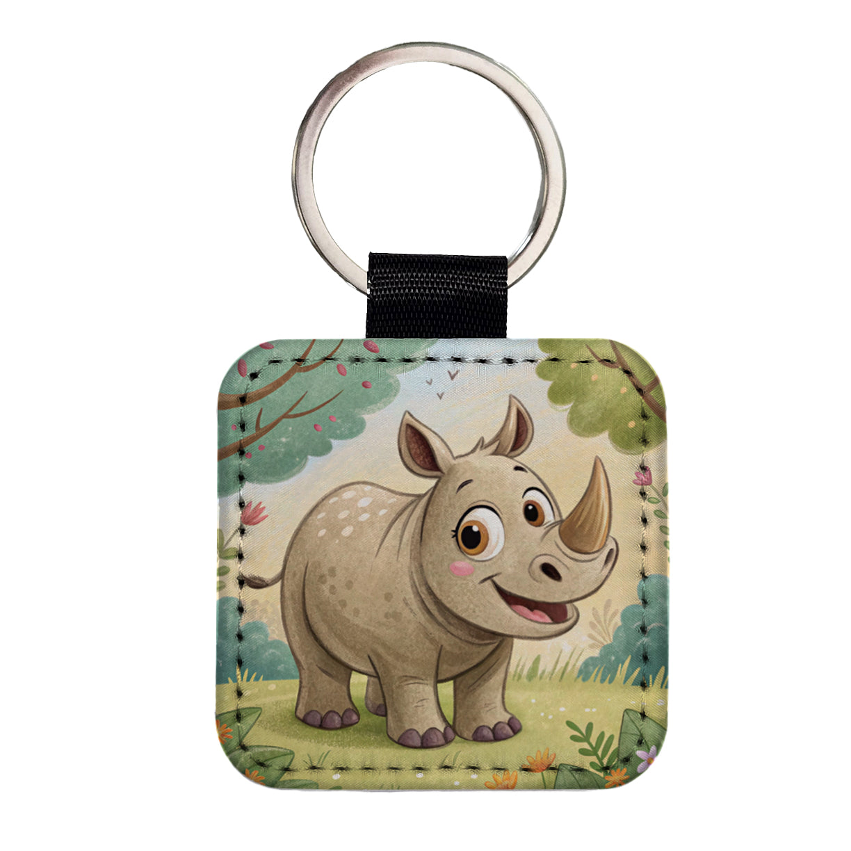 Rhinoceros Children's Illustration Style Square Faux Leather Keychain