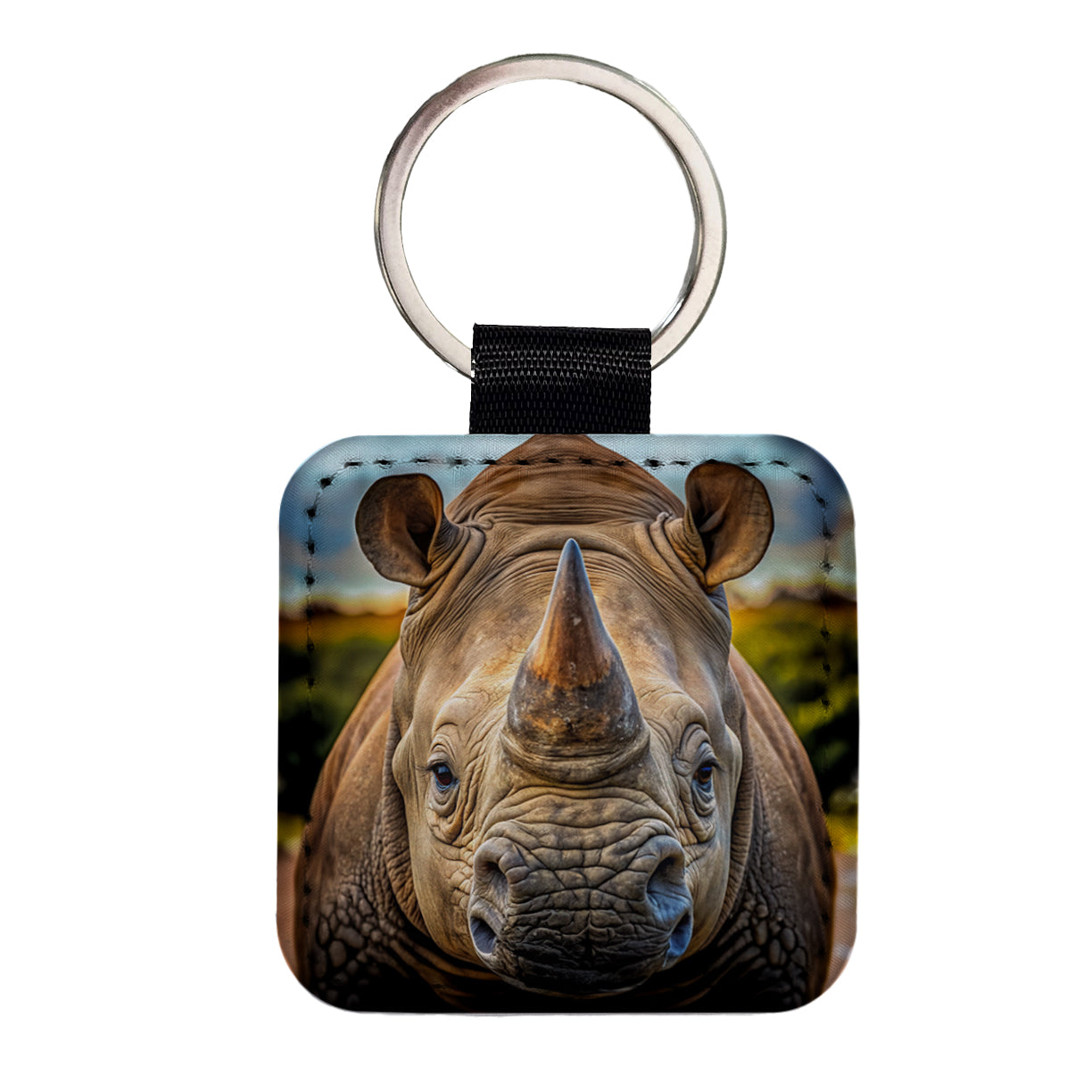 Rhinoceros Face Square Faux Leather Keychain