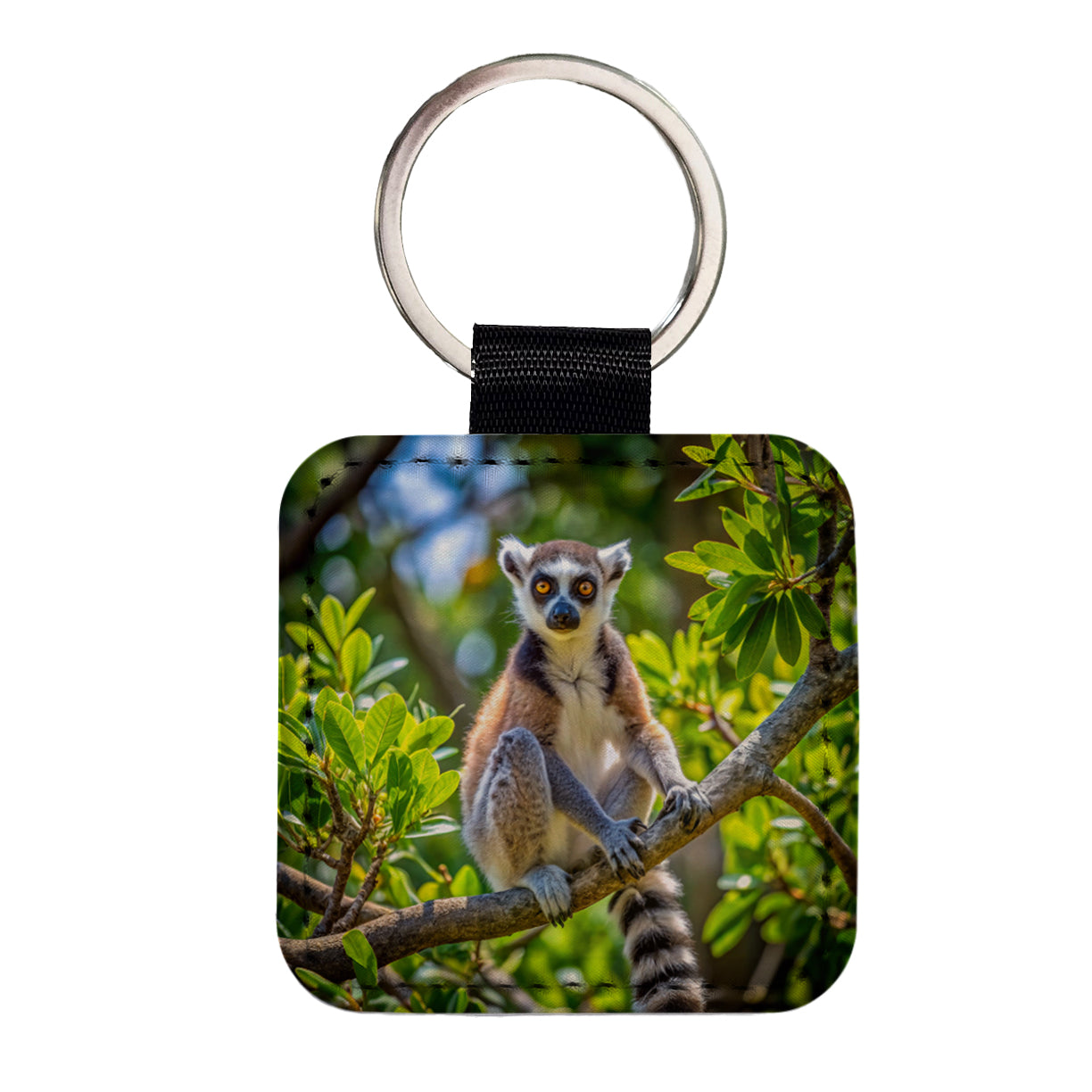 Ring-Tailed Lemur In Tree Square Faux Leather Keychain
