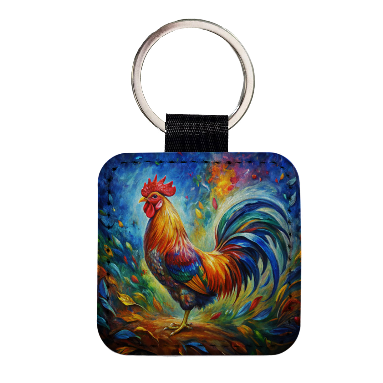 Rooster Abstract Art Square Faux Leather Keychain