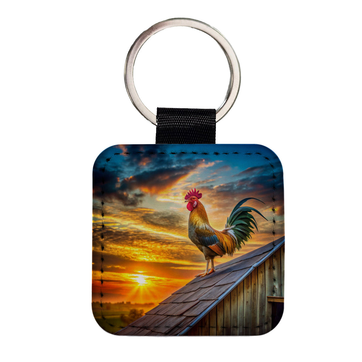 Rooster on Barn Roof At Sunrise Square Faux Leather Keychain