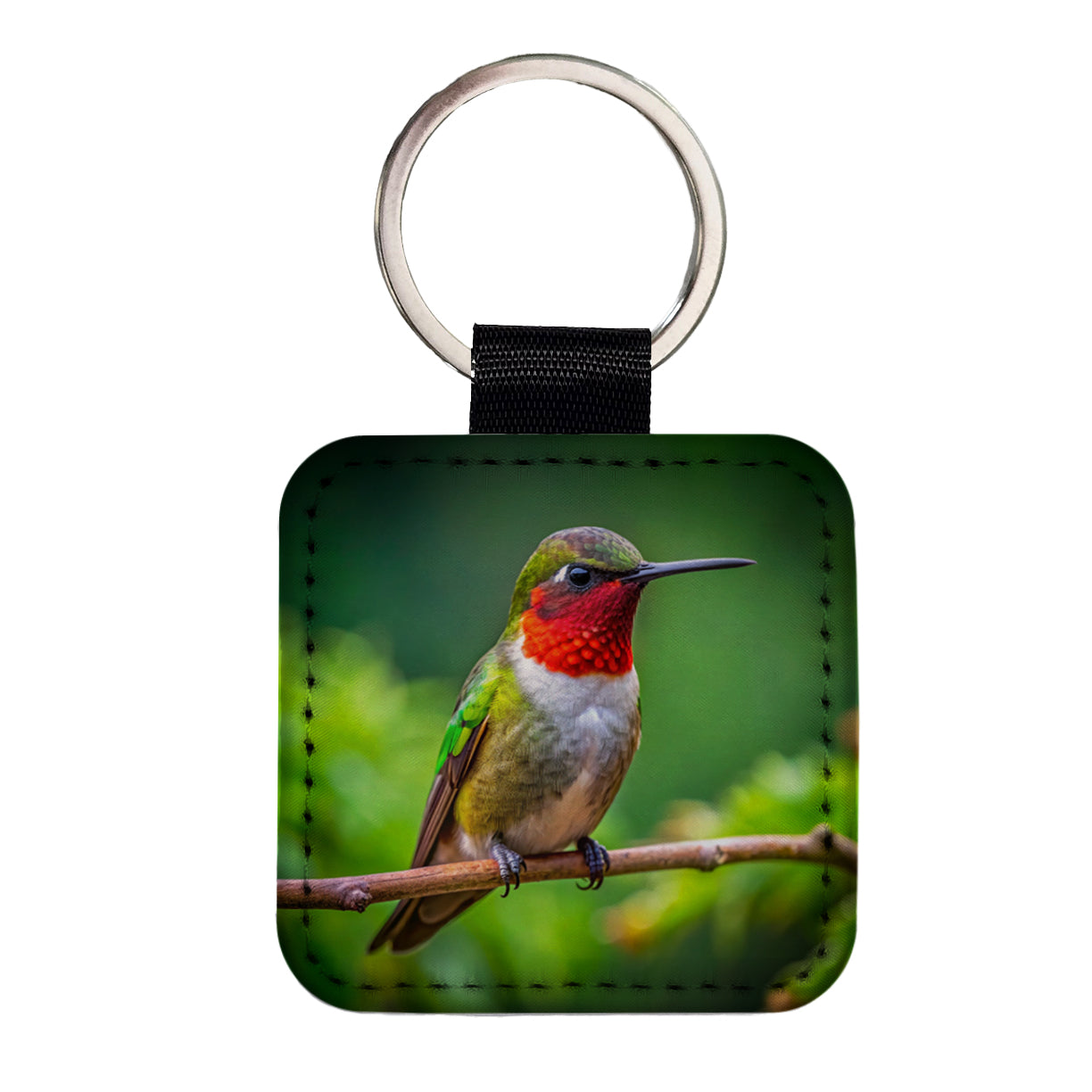 Ruby Throated Hummingbird Backyard Bird Square Faux Leather Keychain