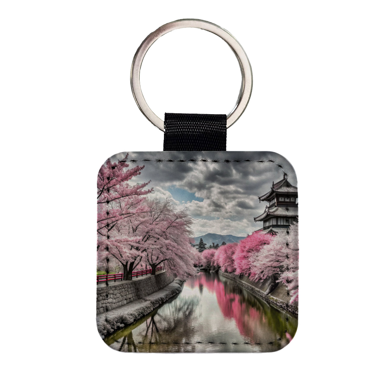 Sakura Trees Along River Japanese Scene Square Faux Leather Keychain