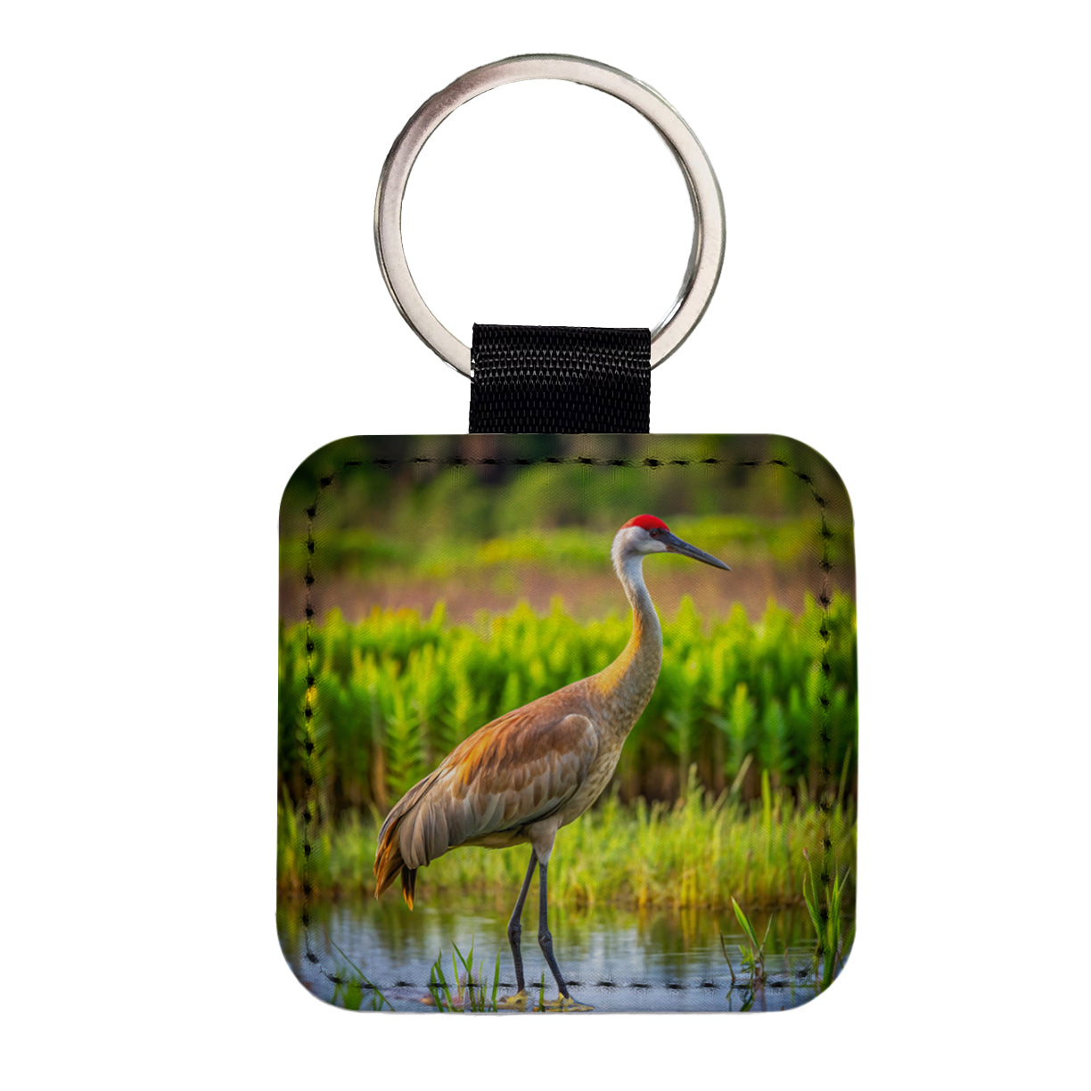 Sandhill Crane Square Faux Leather Keychain