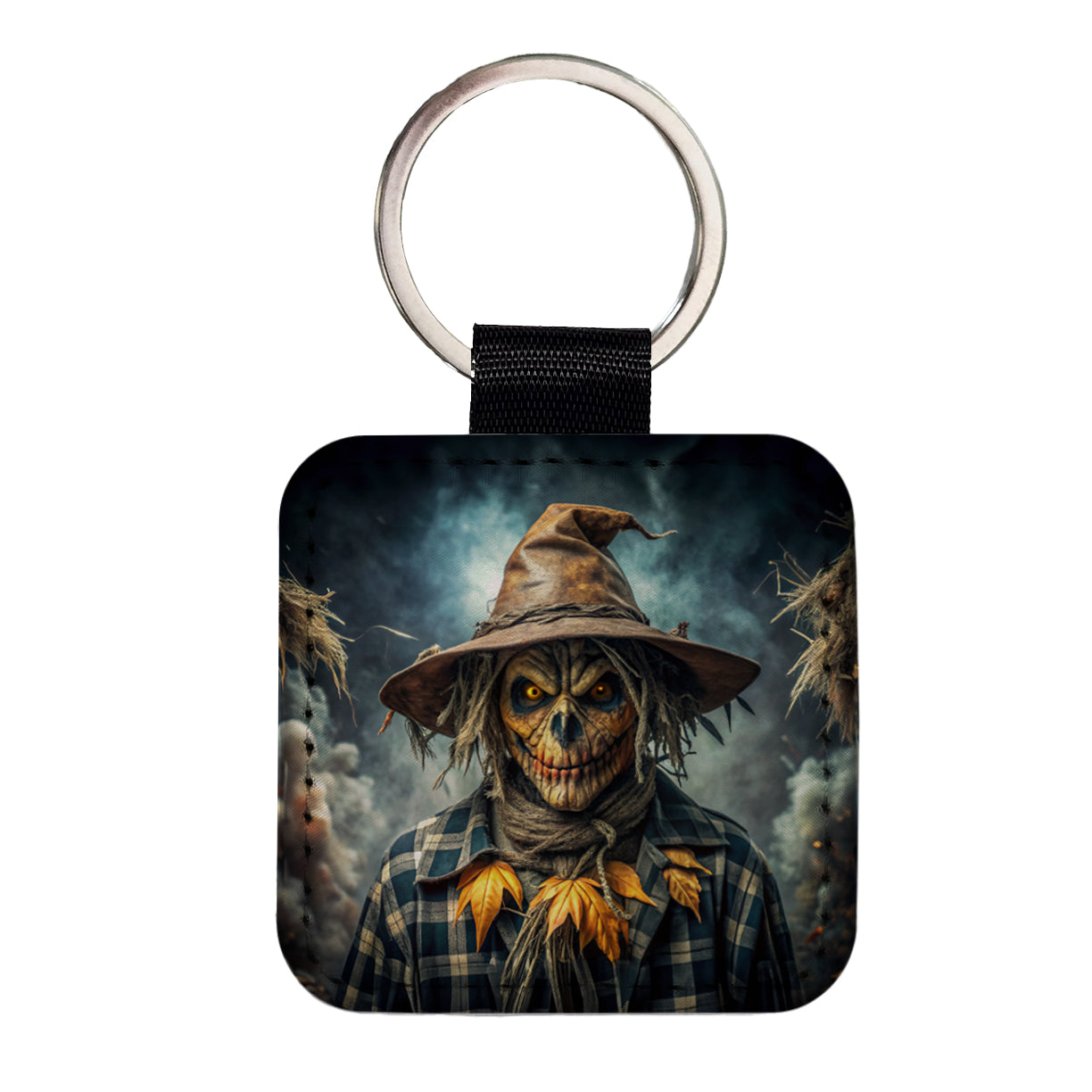 Scary Evil Scarecrow Black Watercolor Square Faux Leather Keychain