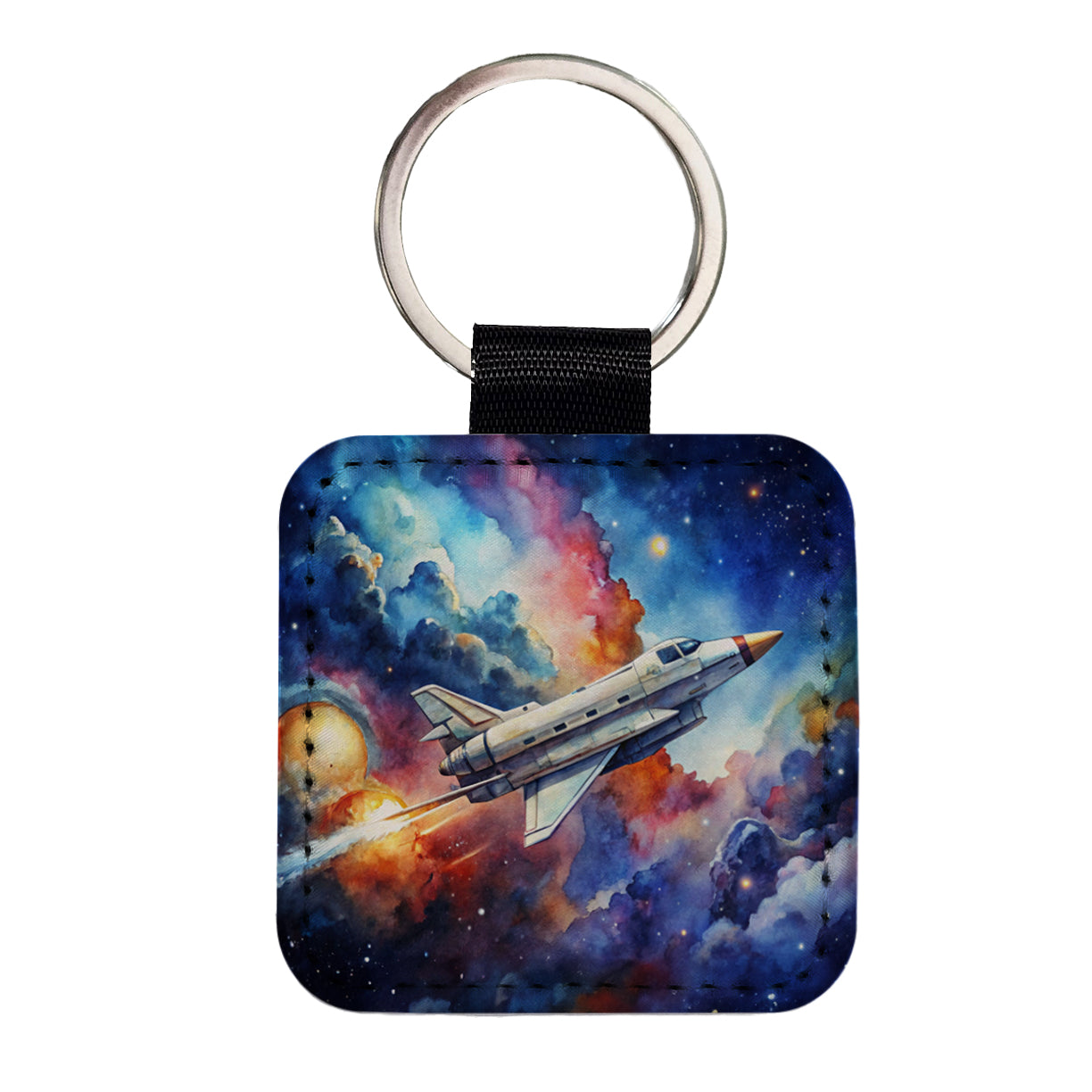 Sci-fi Military Transport Spaceship Watercolor Square Faux Leather Keychain