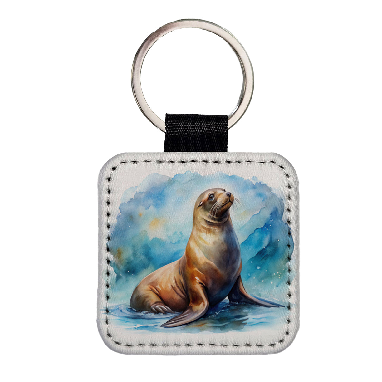 Sea Lion Watercolor Square Faux Leather Keychain