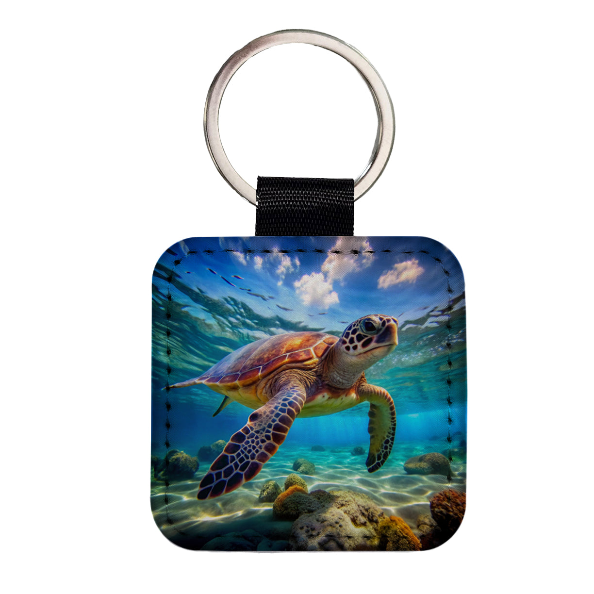 Sea Turtle Square Faux Leather Keychain