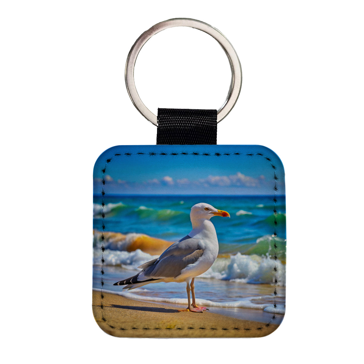 Seagull On Beach Square Faux Leather Keychain