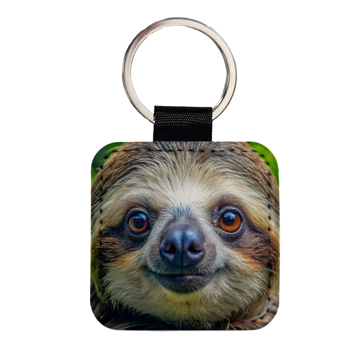 Sloth Face Square Faux Leather Keychain