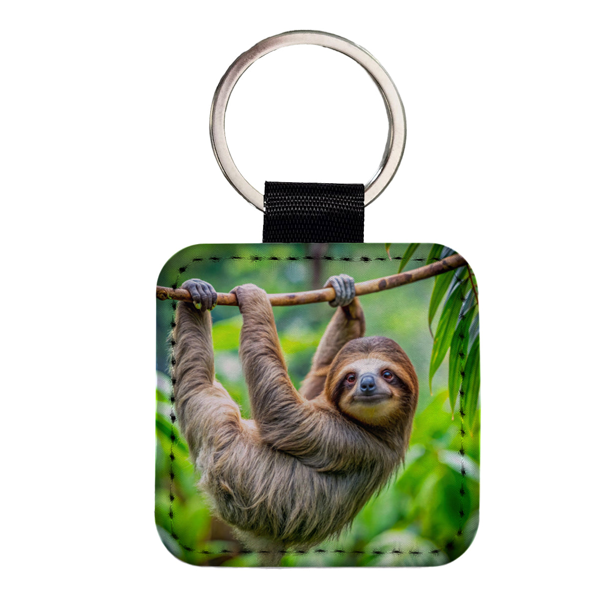 Sloth Hanging From Branch Square Faux Leather Keychain