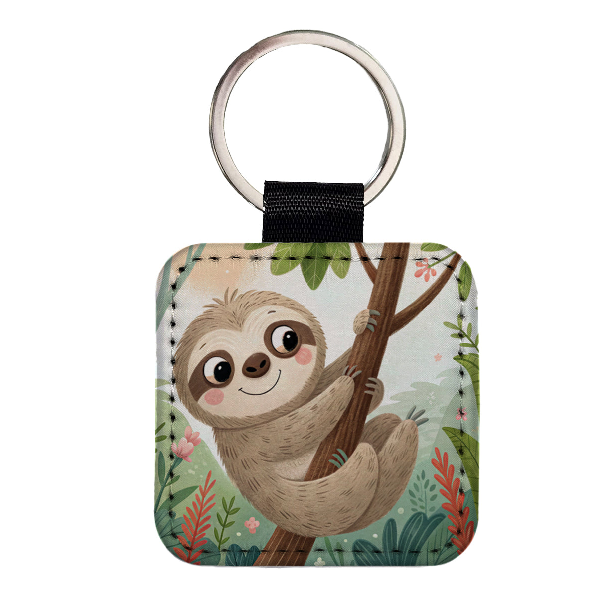 Sloth on Tree Children's Illustration Style Square Faux Leather Keychain
