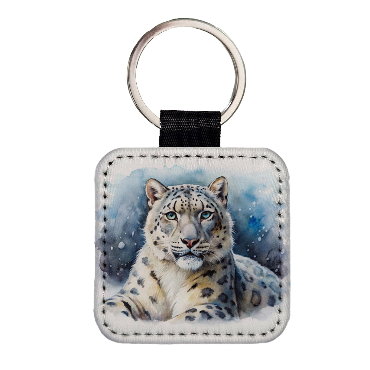 Snow Leopard Watercolor Square Faux Leather Keychain