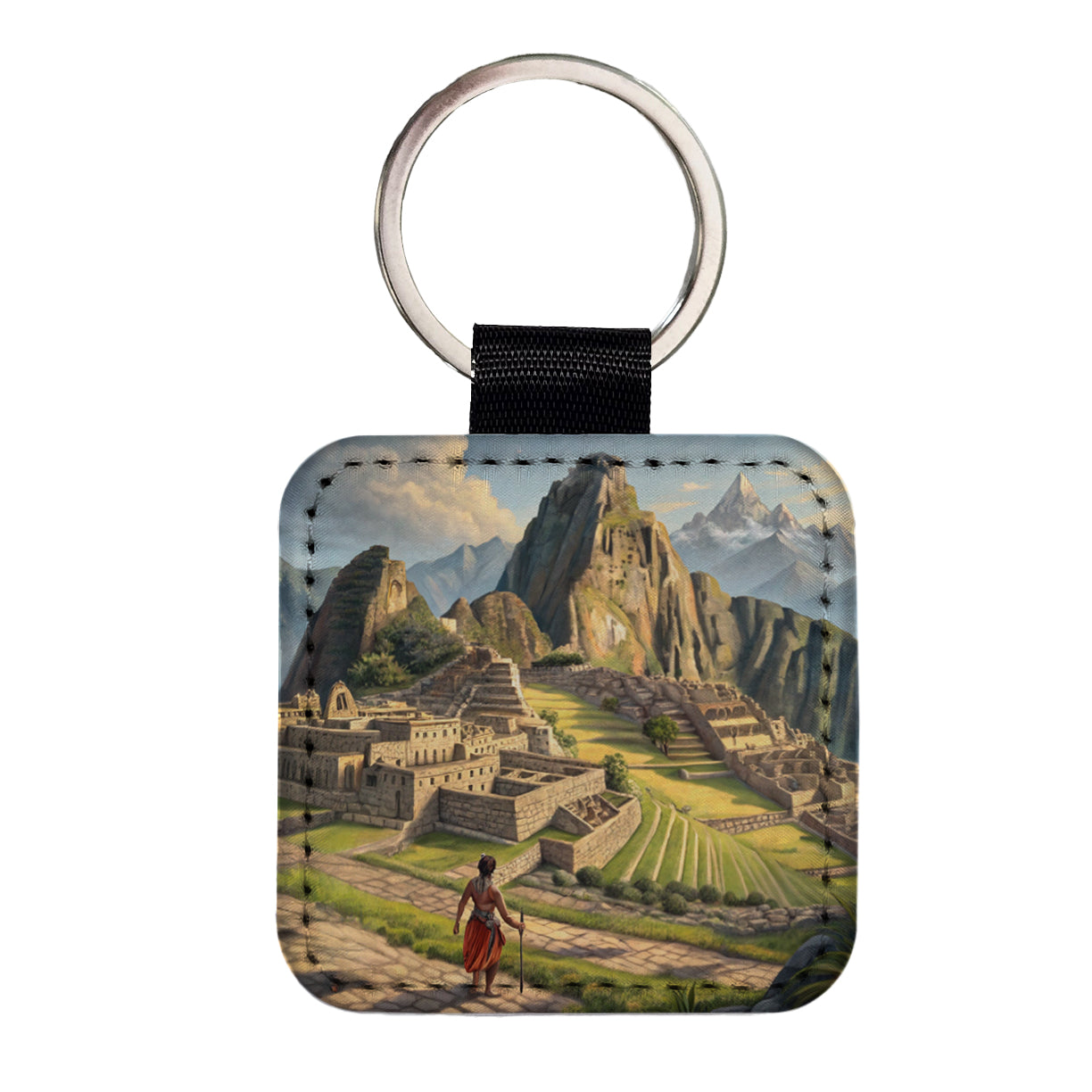 South American Inca Empire Square Faux Leather Keychain