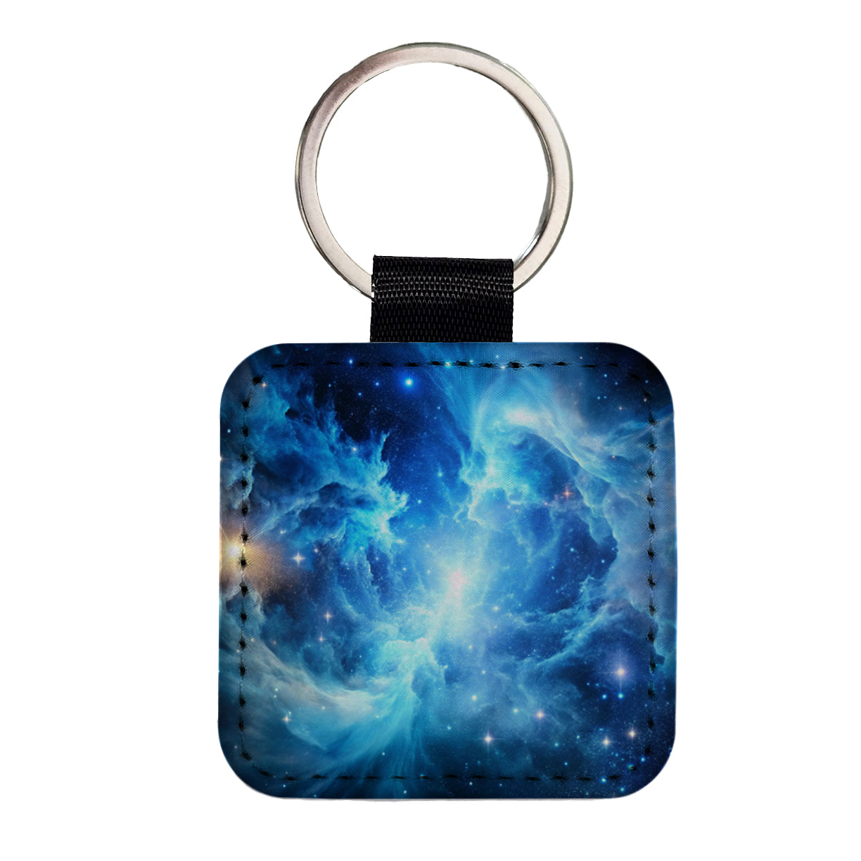 Space Galaxy Nebula Blue White Square Faux Leather Keychain