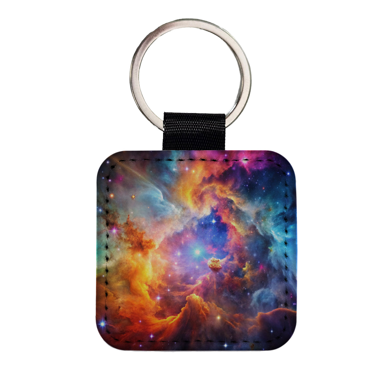 Space Galaxy Nebula Colorful Rainbow Square Faux Leather Keychain
