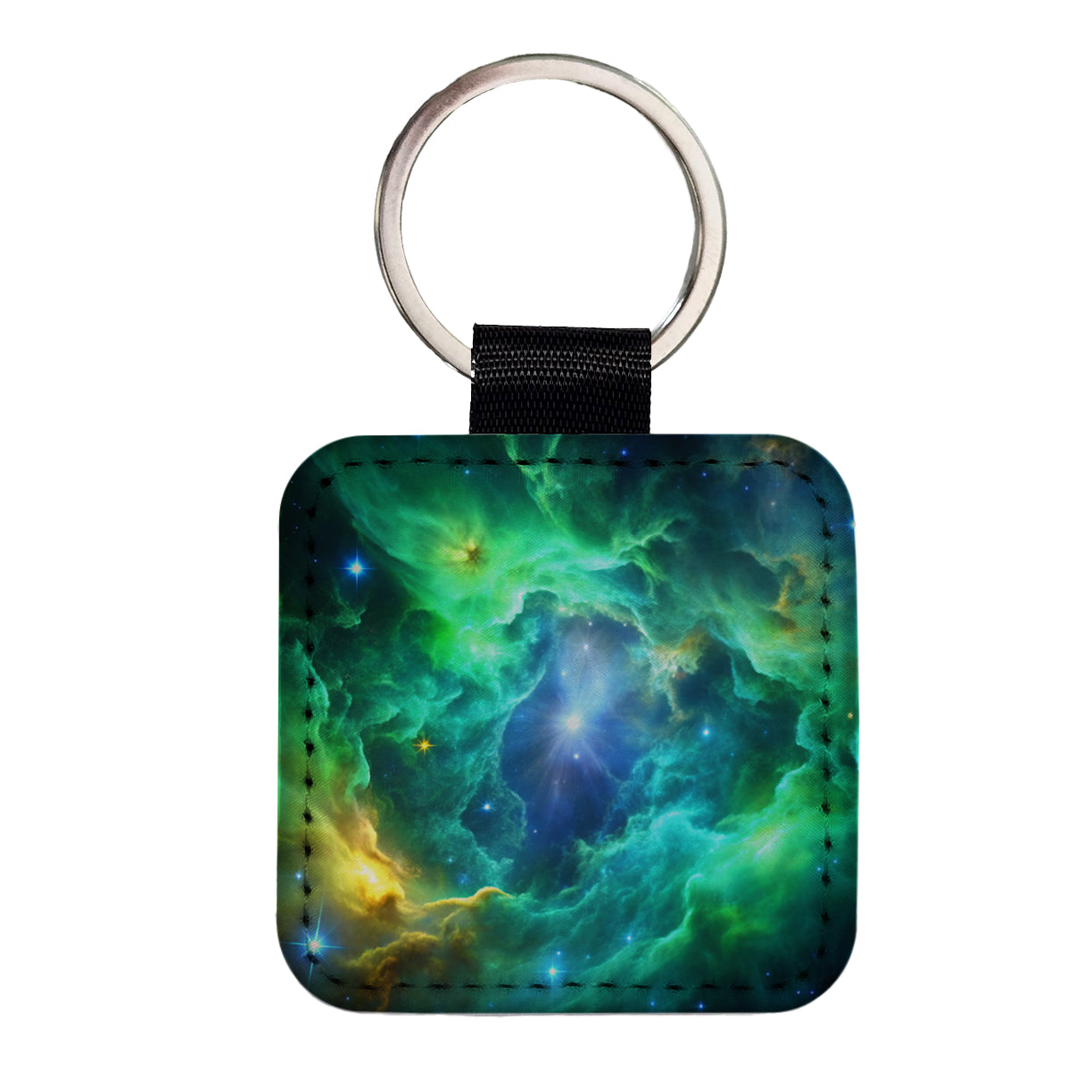 Space Galaxy Nebula Green Blue Square Faux Leather Keychain