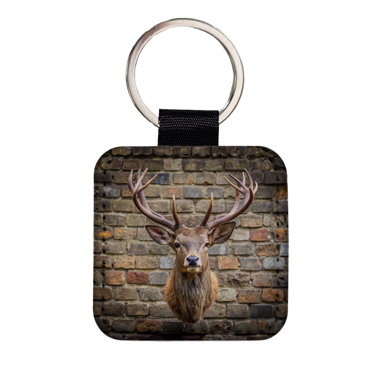 Stag's Head Mounted To Wall Square Faux Leather Keychain